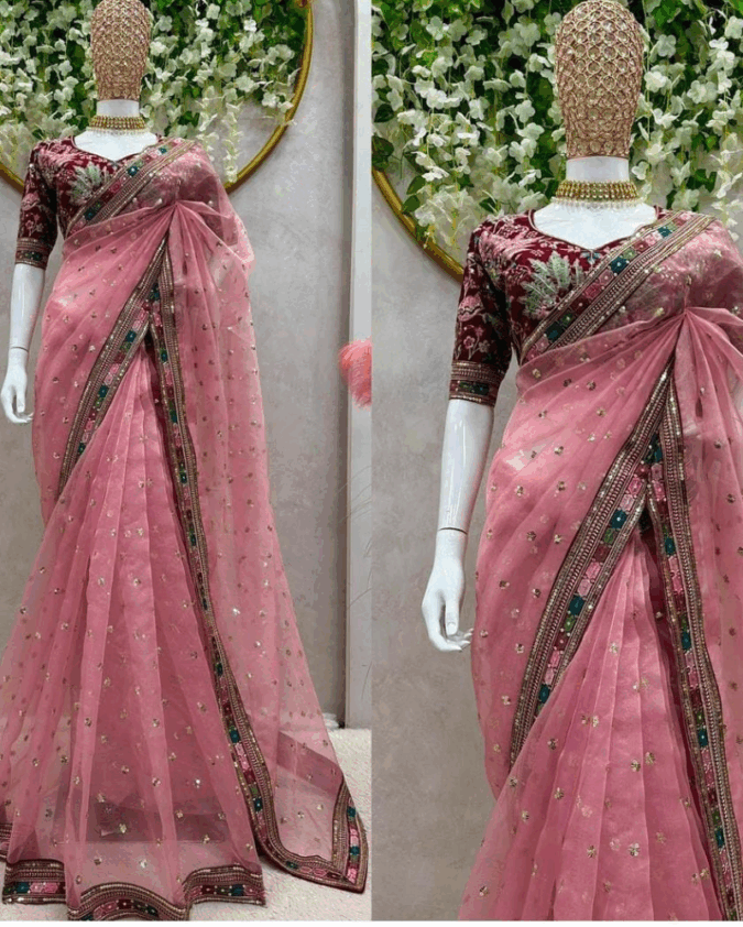Full Embroidery Net Saree