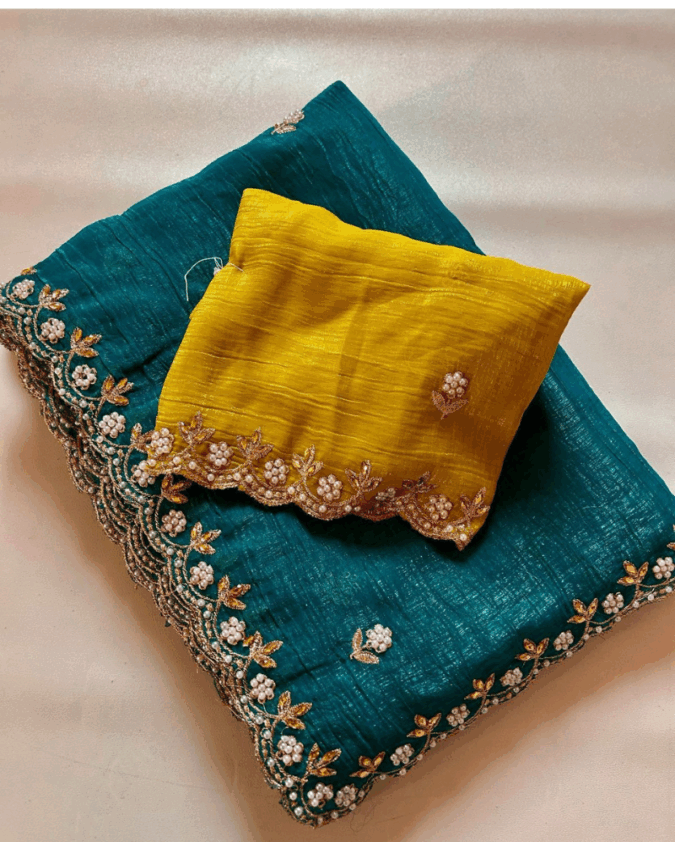 New Crunchy Saree With Embroidery Blouse