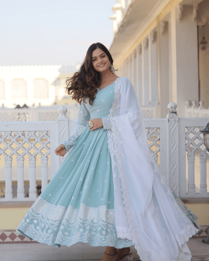 Beautiful Embroider Work Gown With Rusiaan Dupatta
